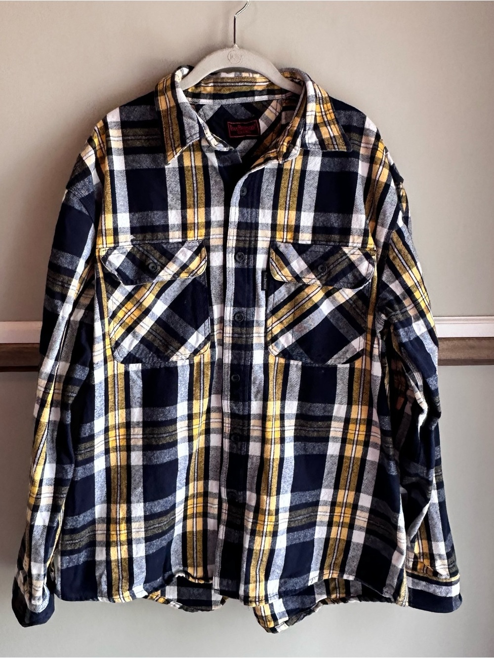 Five Brother Flannel Shirt Yellow Blue Plaid Long Sleeve Heavyweight
